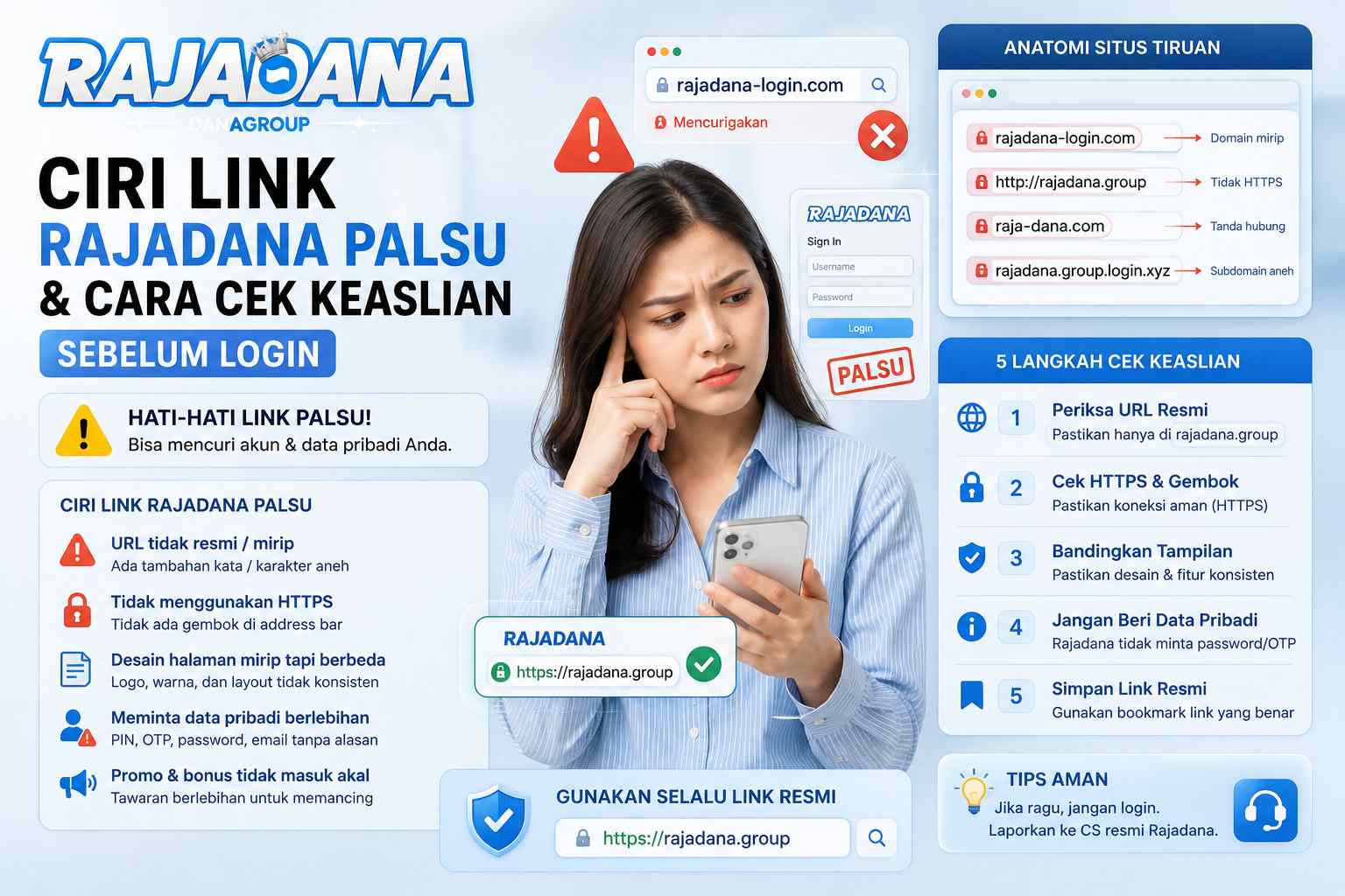 Ciri link Rajadana palsu vs asli, cara cek keaslian sebelum login